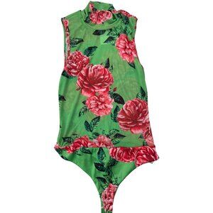 AFRM Women's Bodysuit Green Floral Sleeveless Mesh Mock Neck Garden Size Small